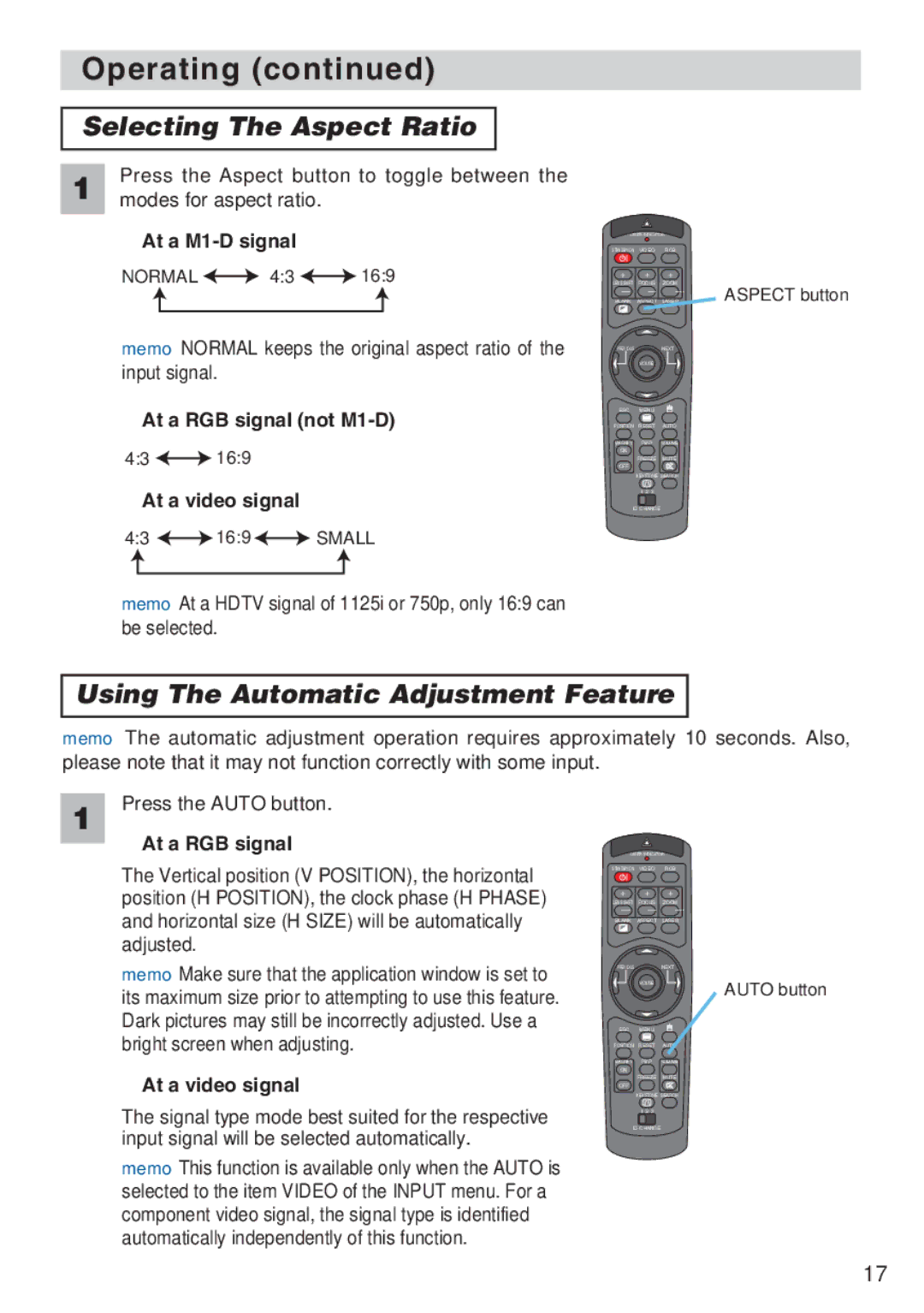 3M X70, X80 manual Selecting The Aspect Ratio, Using The Automatic Adjustment Feature, At a M1-D signal, At a RGB signal 