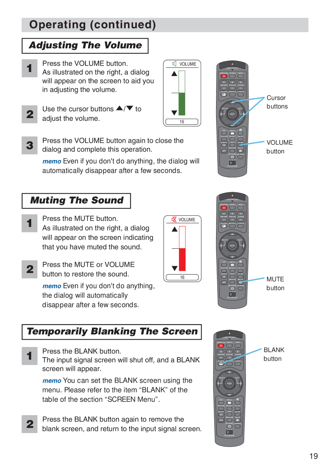 3M X70, X80 manual Adjusting The Volume, Muting The Sound, Temporarily Blanking The Screen 