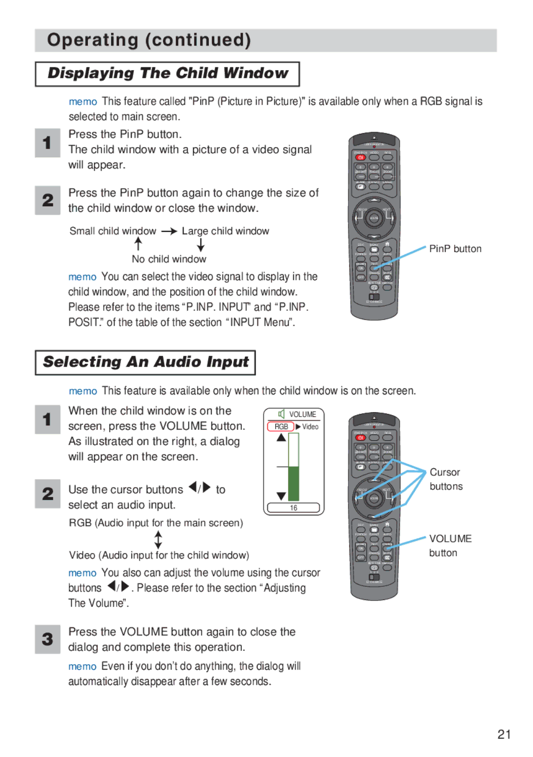 3M X70, X80 manual Displaying The Child Window, Selecting An Audio Input 