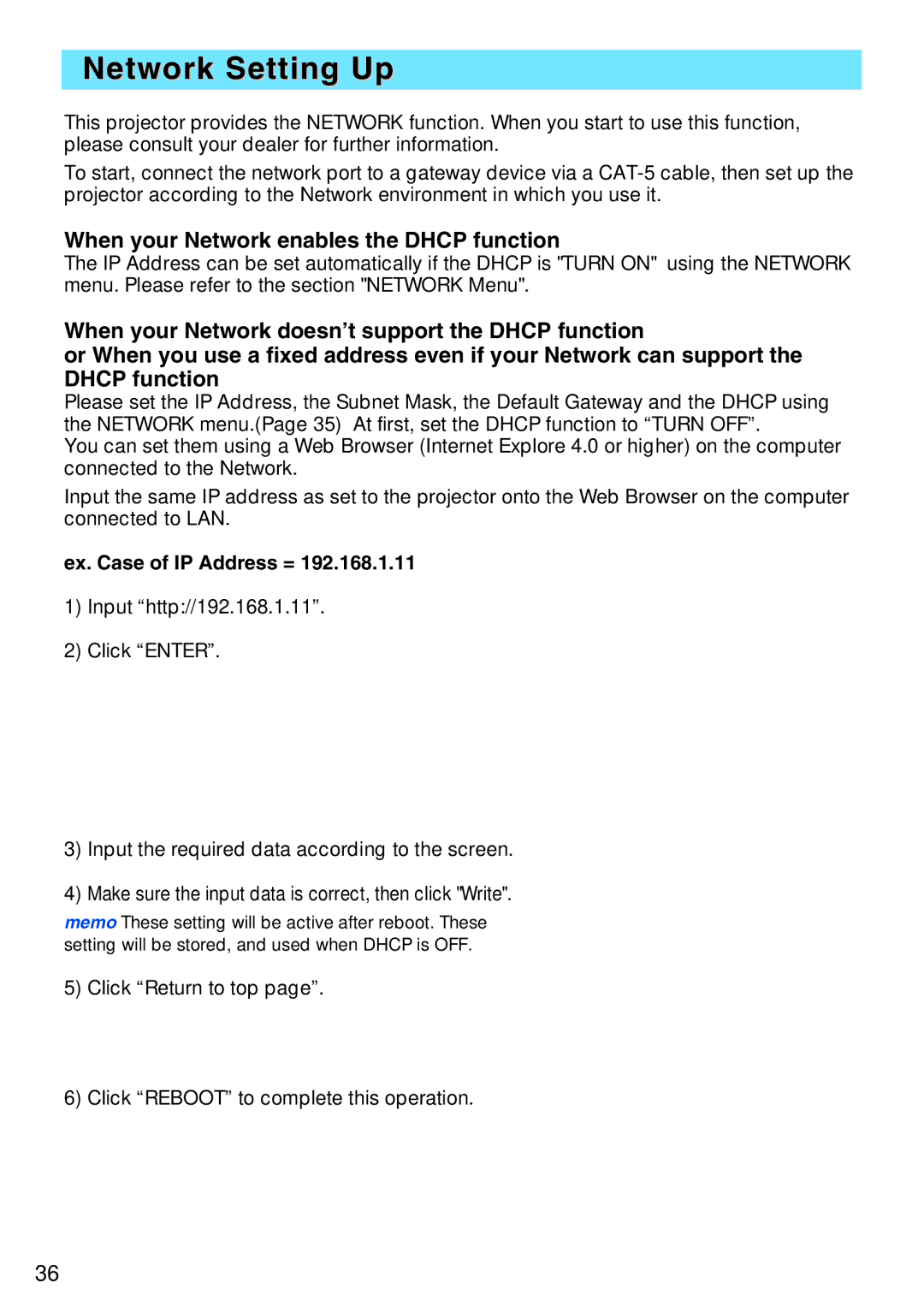 3M X80, X70 manual Network Setting Up, Ex. Case of IP Address =, Click Return to top Click Reboot to complete this operation 