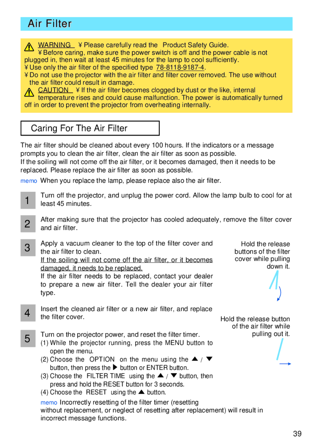 3M X70, X80 manual Caring For The Air Filter 