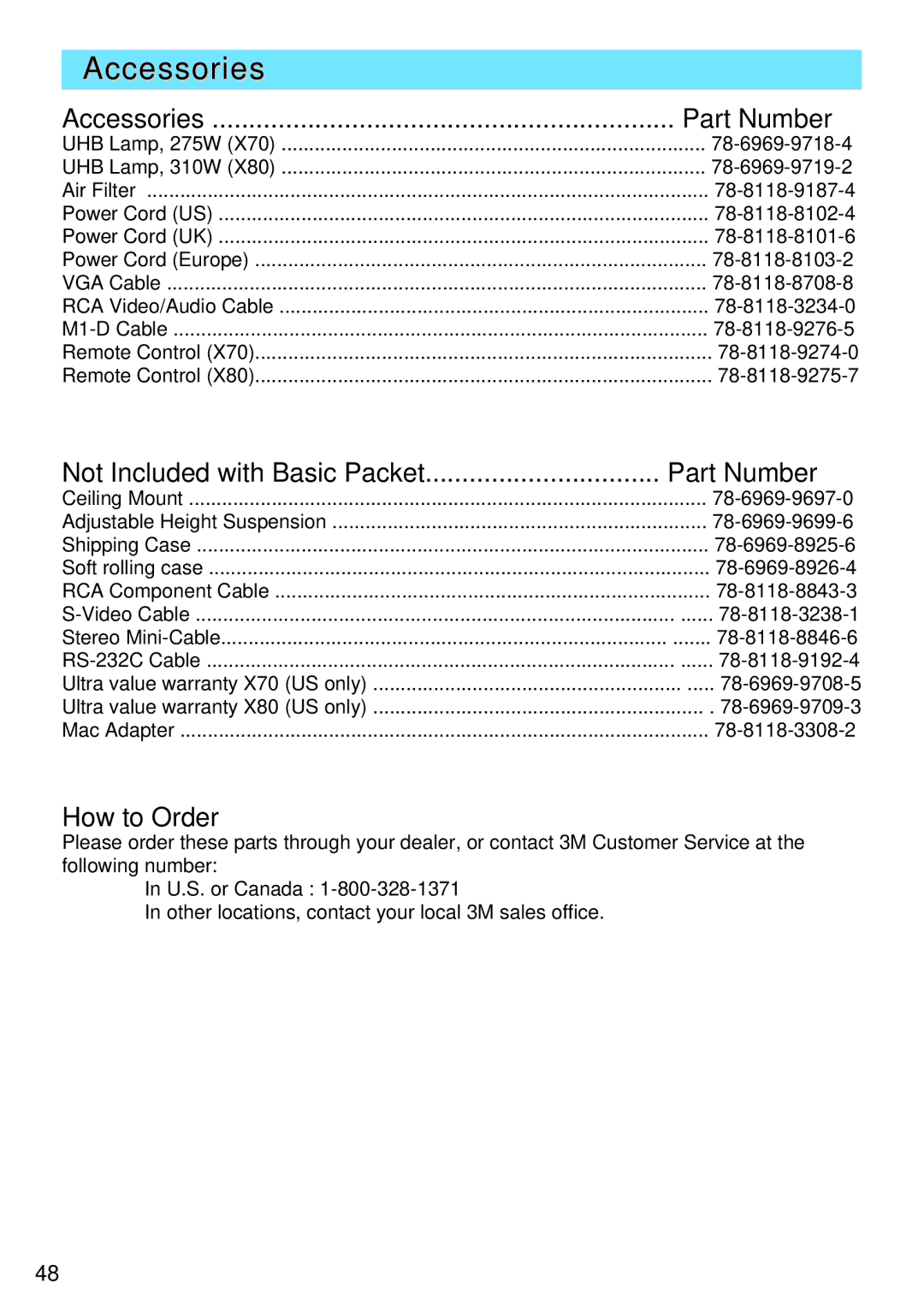 3M X80, X70 manual Accessories Part Number, Not Included with Basic Packet Part Number, How to Order 