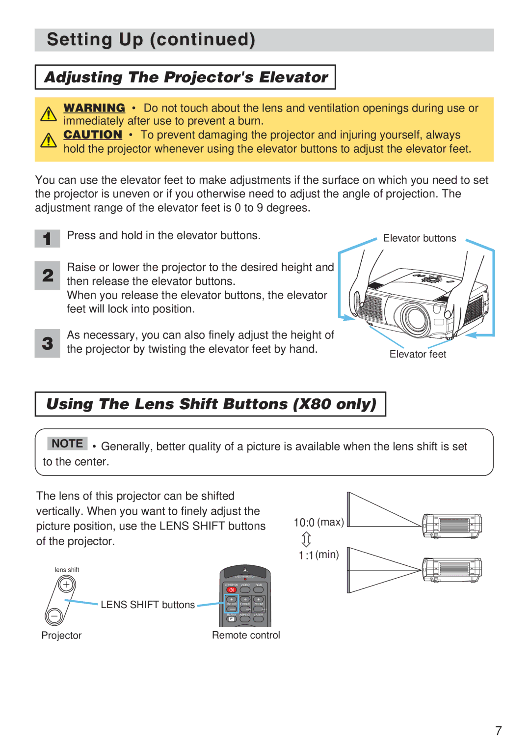 3M X70 manual Adjusting The Projectors Elevator, Using The Lens Shift Buttons X80 only 