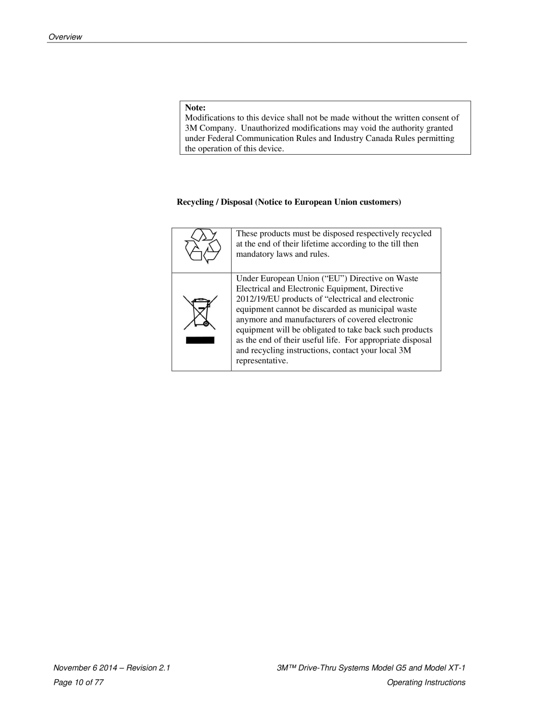 3M XT-1, G5 operating instructions Recycling / Disposal Notice to European Union customers 