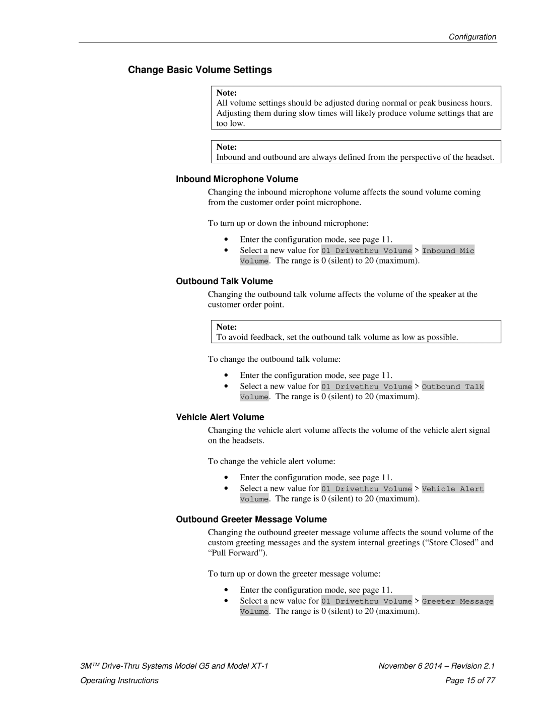 3M G5, XT-1 Change Basic Volume Settings, Inbound Microphone Volume, Outbound Talk Volume, Vehicle Alert Volume 