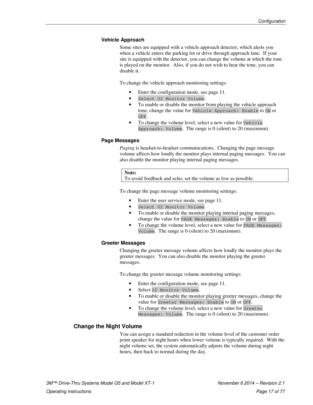 3M G5, XT-1 operating instructions Change the Night Volume, Vehicle Approach, Greeter Messages 