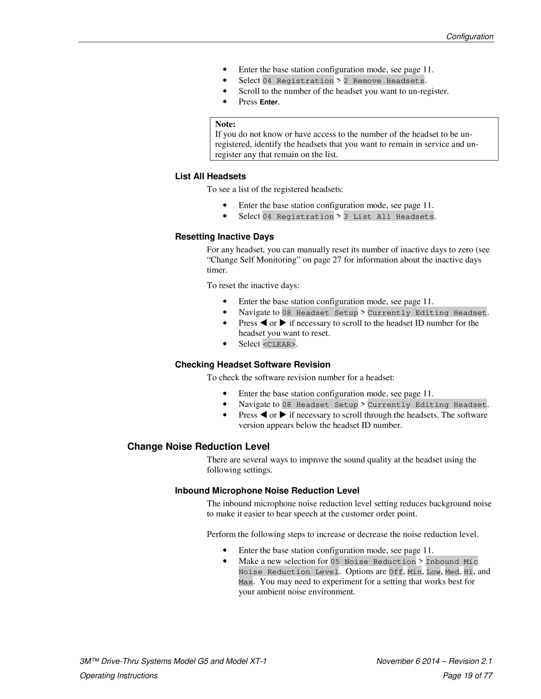 3M G5, XT-1 Change Noise Reduction Level, List All Headsets, Resetting Inactive Days, Checking Headset Software Revision 