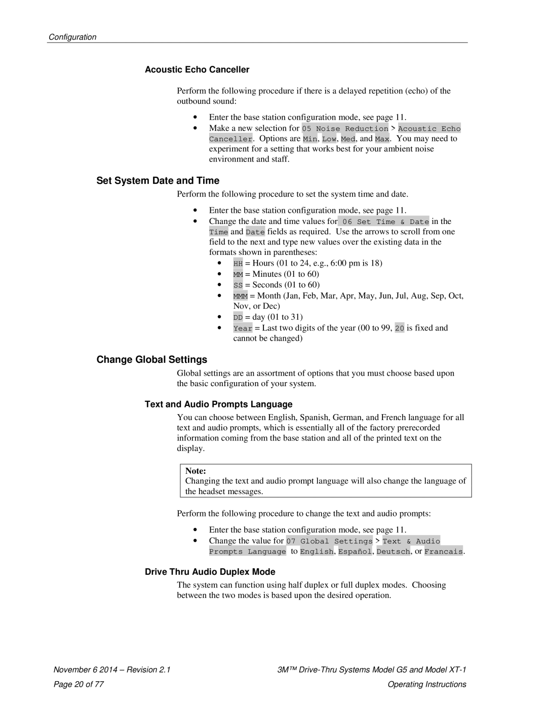 3M XT-1, G5 Set System Date and Time, Change Global Settings, Acoustic Echo Canceller, Text and Audio Prompts Language 