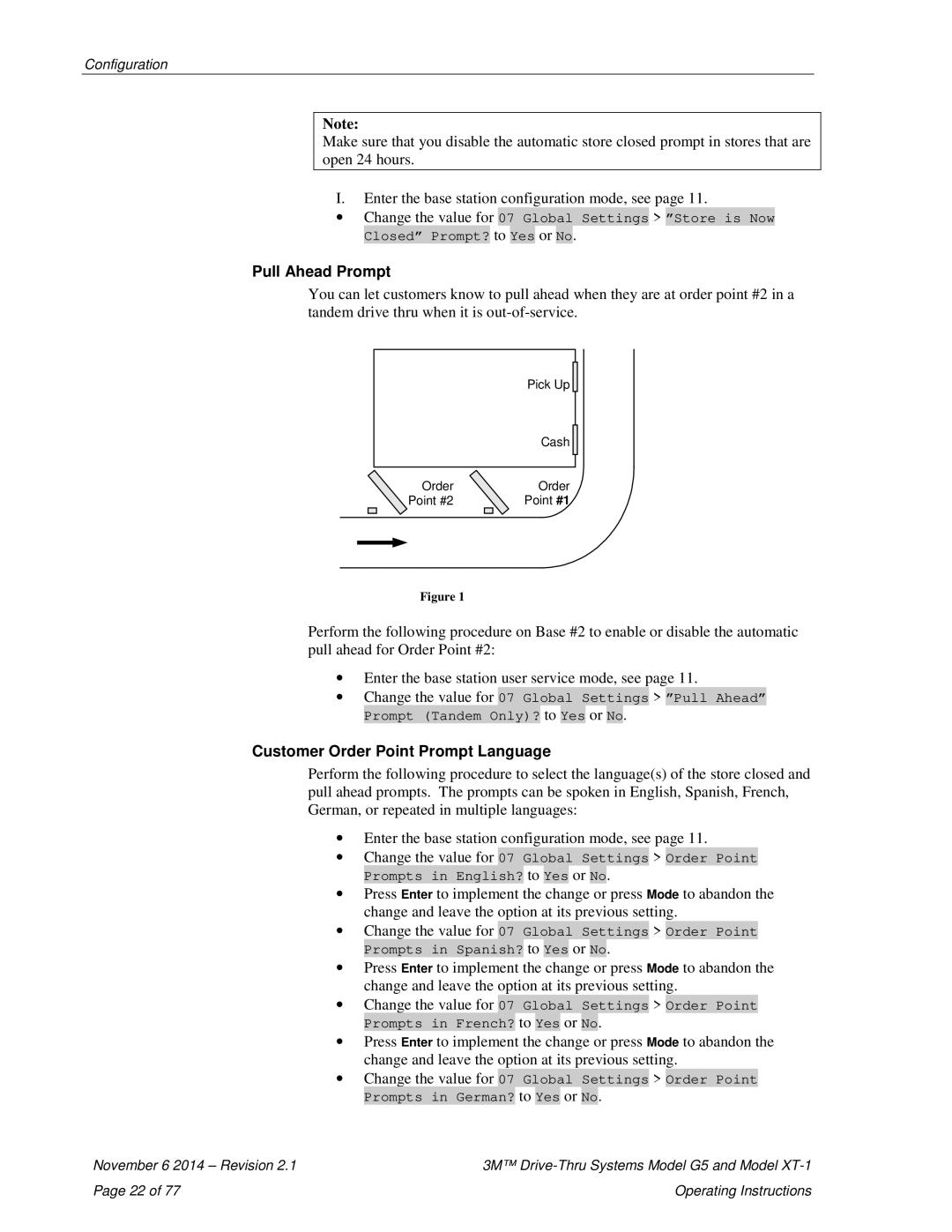 3M XT-1, G5 operating instructions Pull Ahead Prompt, Customer Order Point Prompt Language 