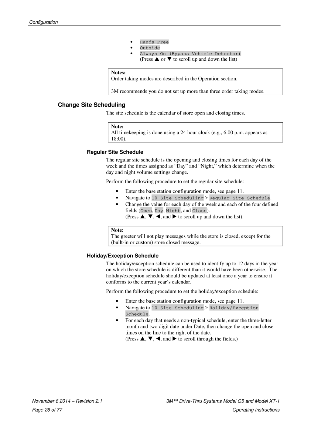 3M XT-1, G5 operating instructions Change Site Scheduling, Regular Site Schedule, Holiday/Exception Schedule 