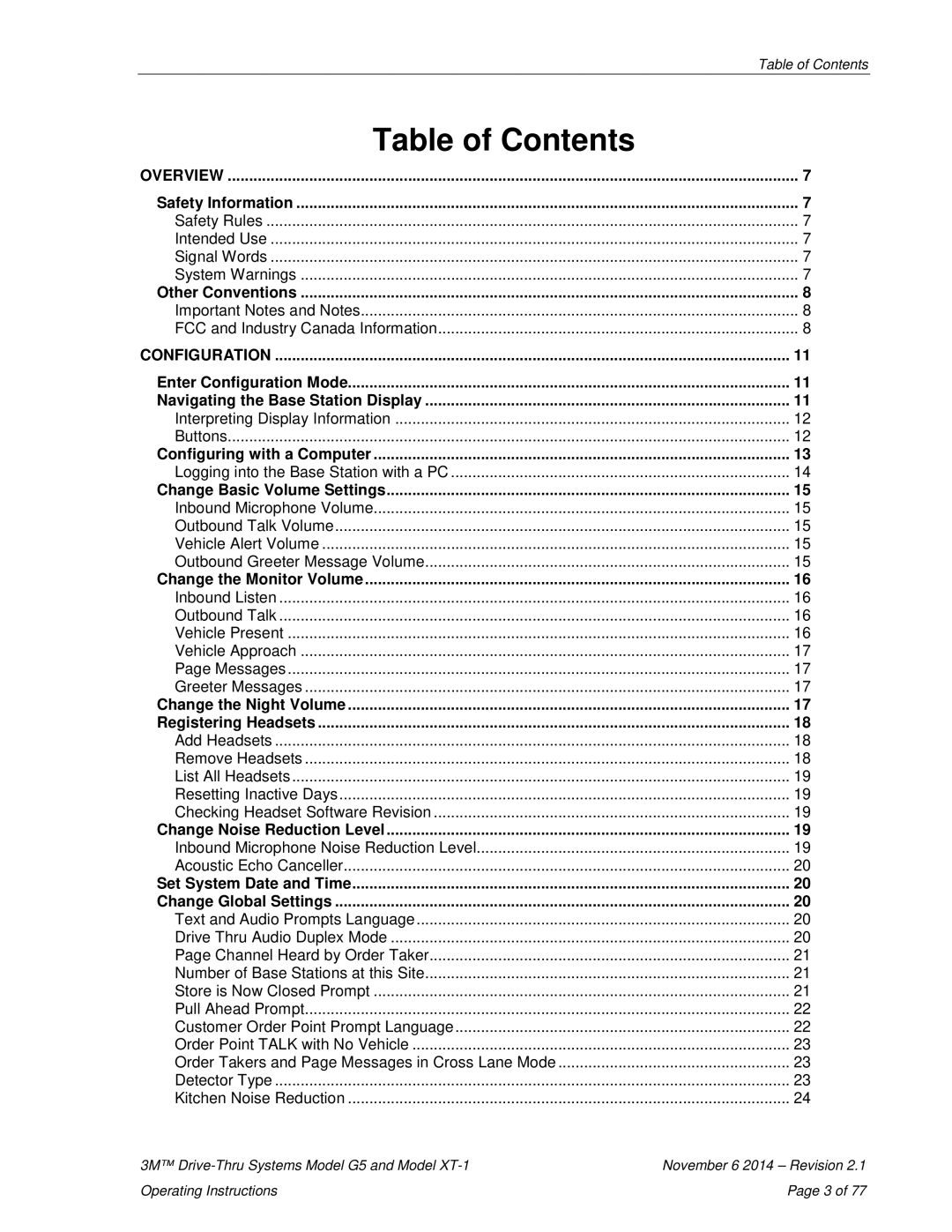 3M G5, XT-1 operating instructions Table of Contents 