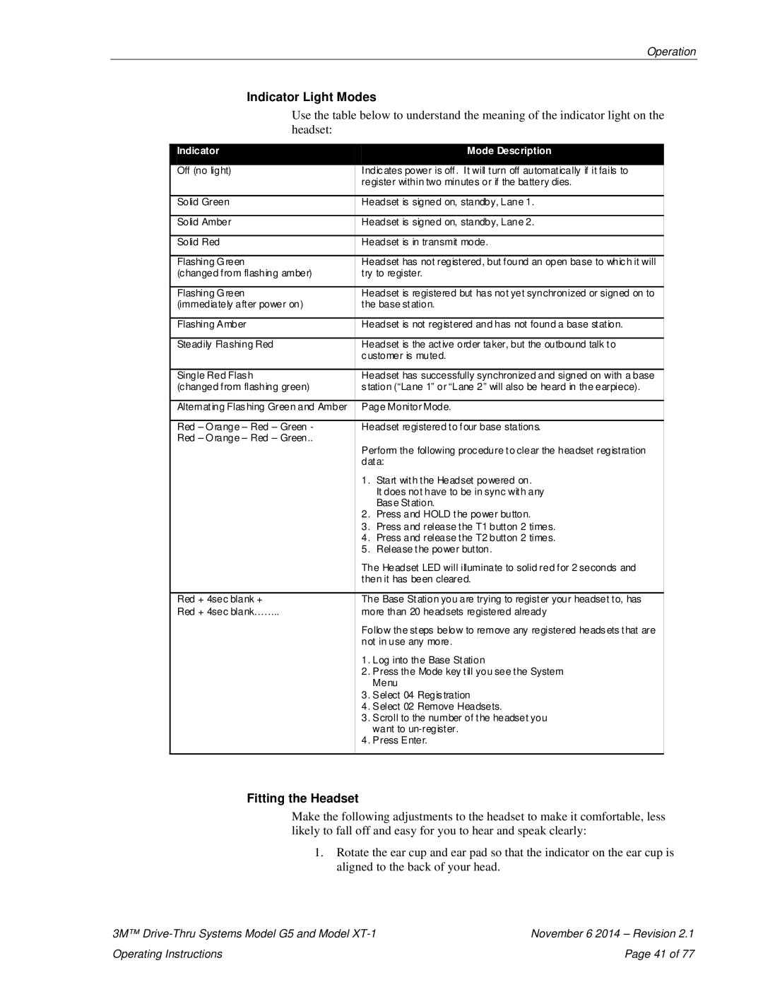 3M G5, XT-1 operating instructions Headset 