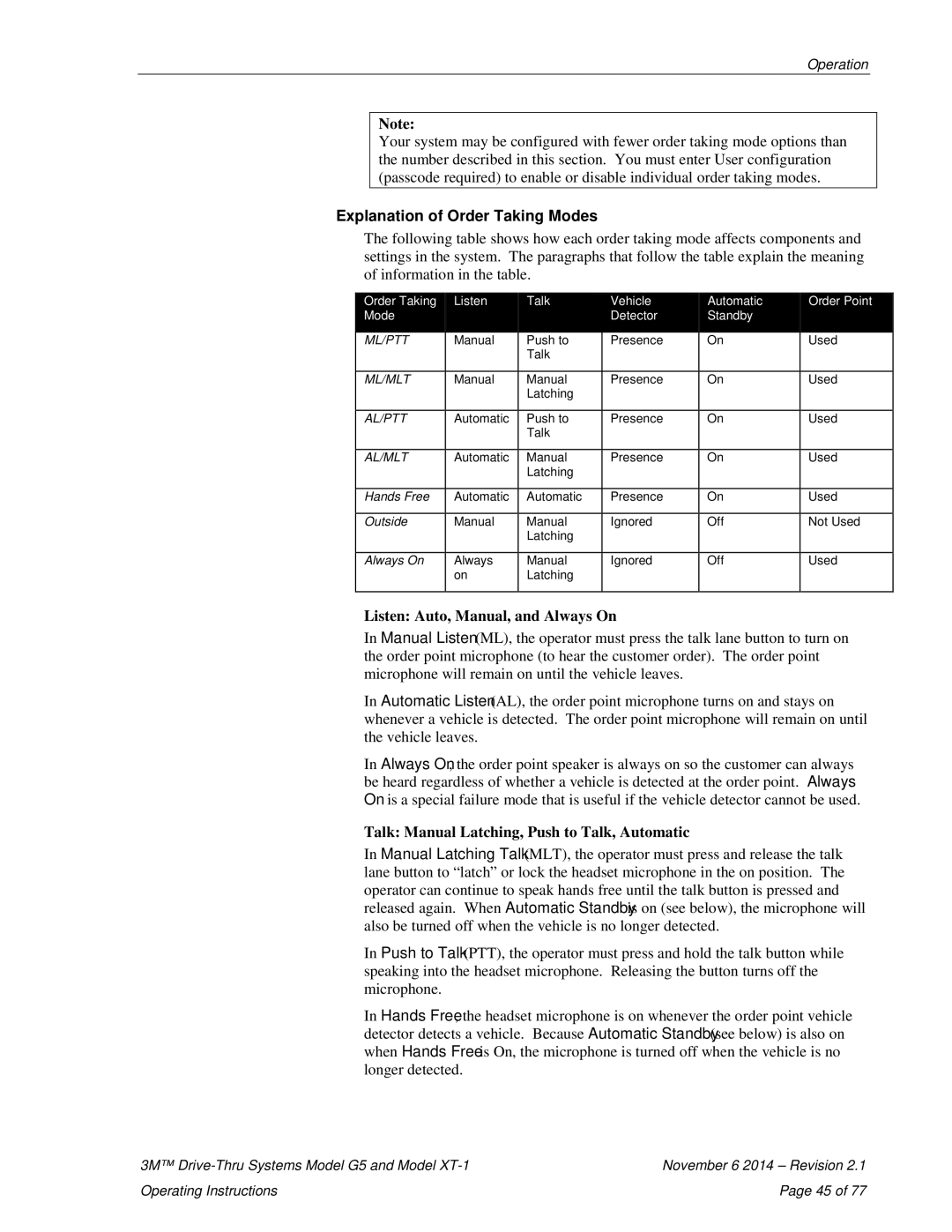 3M G5 Explanation of Order Taking Modes, Listen Auto, Manual, and Always On, Talk Manual Latching, Push to Talk, Automatic 