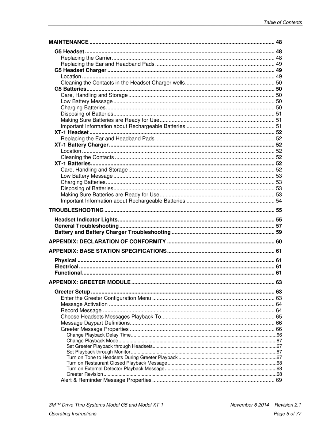 3M G5, XT-1 operating instructions Maintenance 