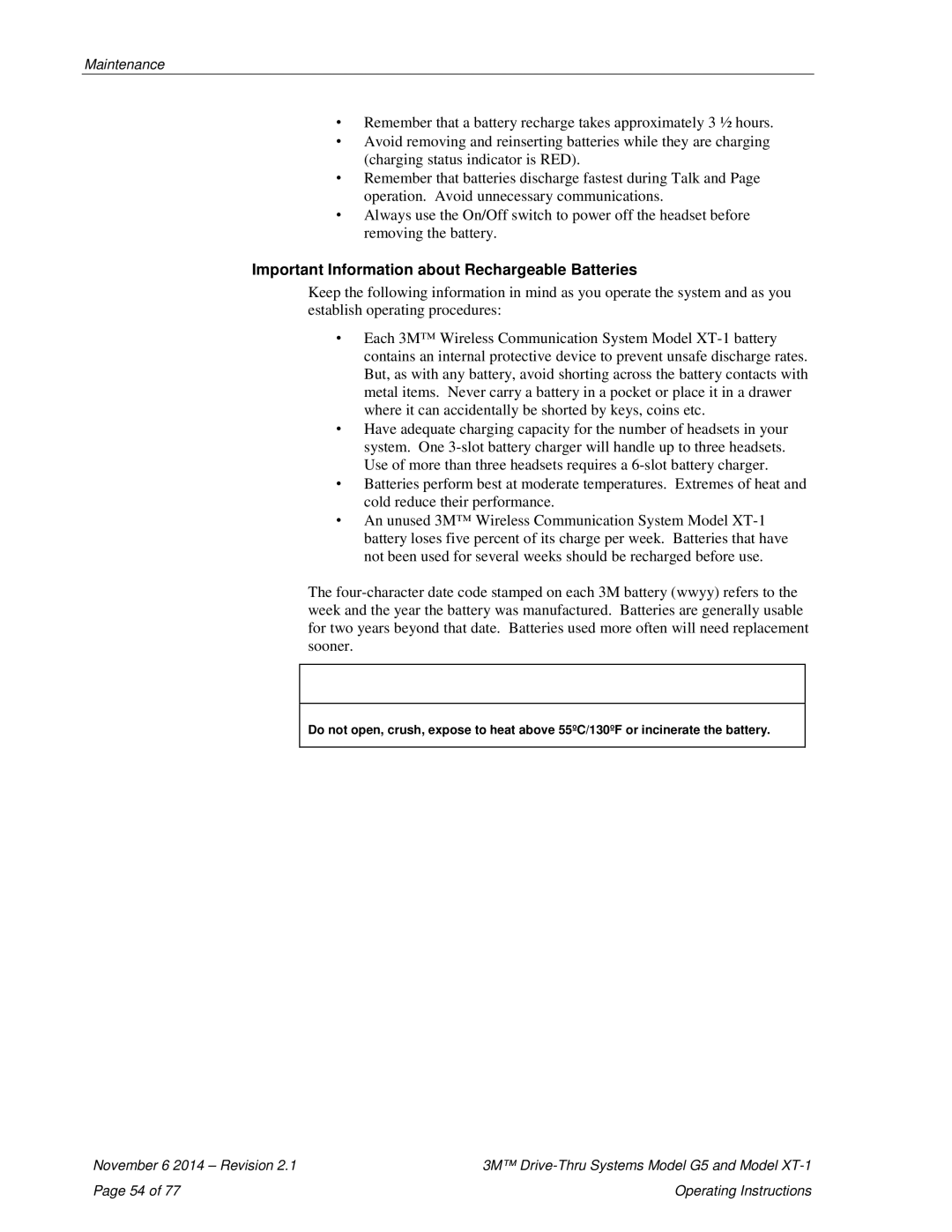 3M XT-1, G5 operating instructions Important Information about Rechargeable Batteries 