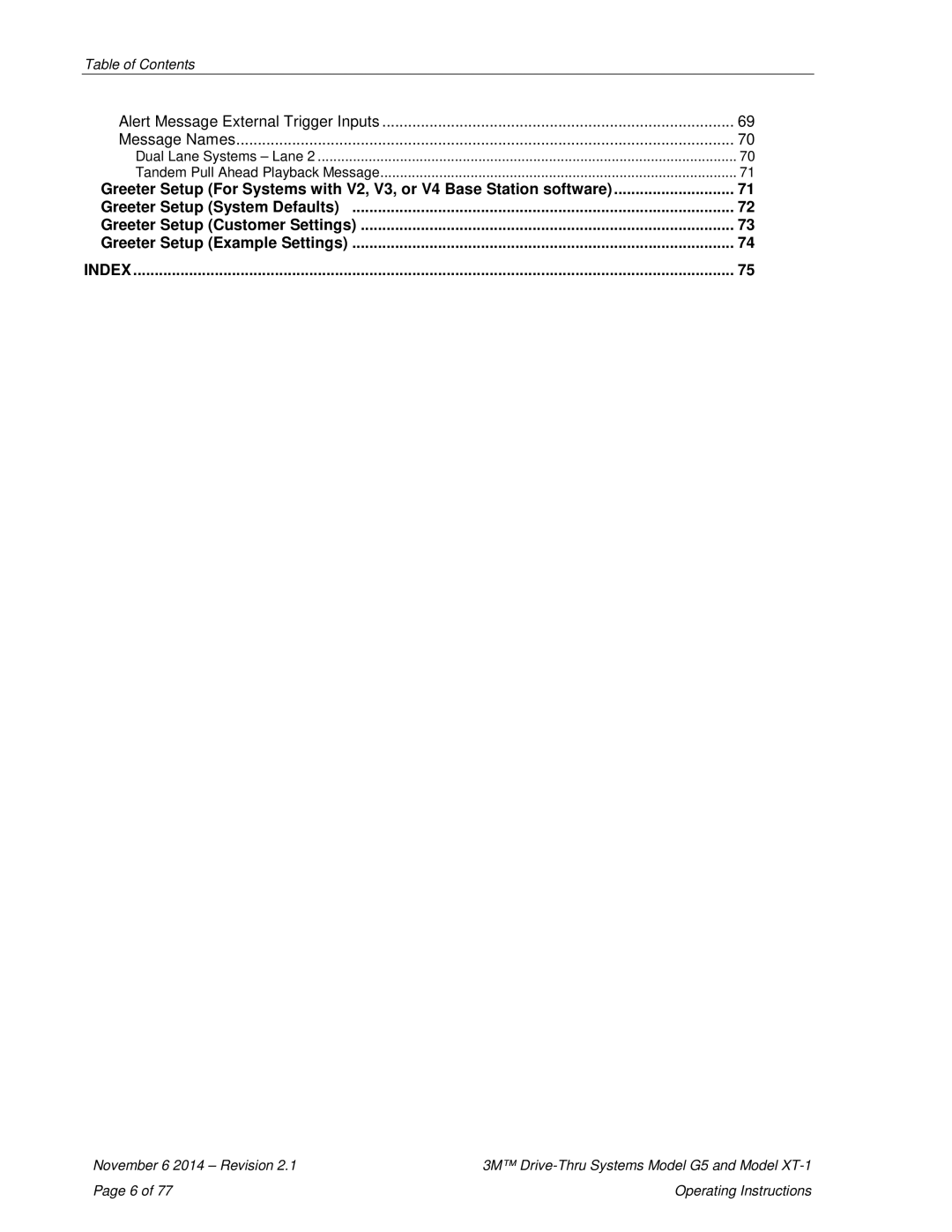 3M XT-1, G5 operating instructions Alert Message External Trigger Inputs, Index 