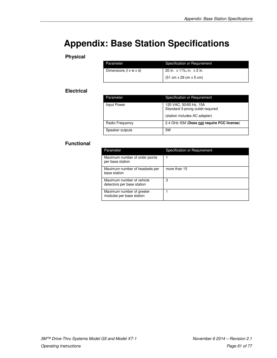 3M G5, XT-1 operating instructions Appendix Base Station Specifications, Physical, Electrical, Functional 