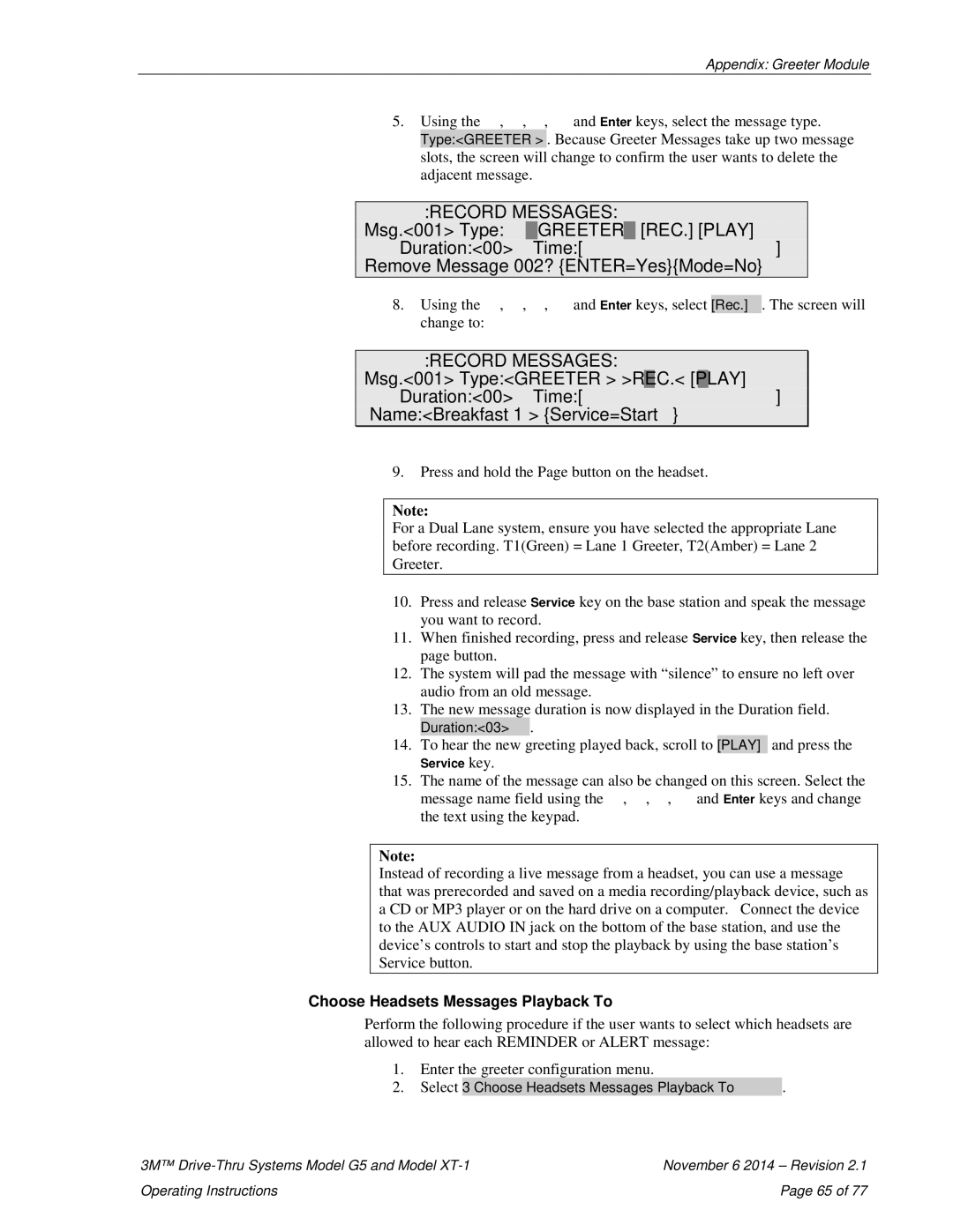3M G5, XT-1 operating instructions NameBreakfast Service=Start, Choose Headsets Messages Playback To 