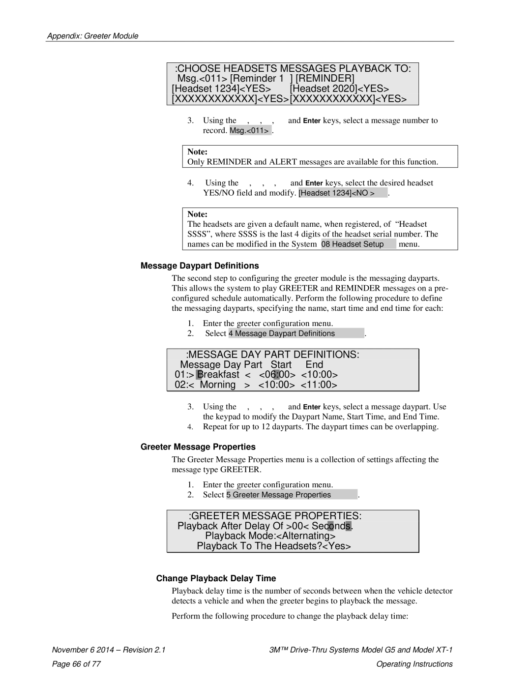 3M XT-1, G5 operating instructions Message Daypart Definitions, Greeter Message Properties, Change Playback Delay Time 