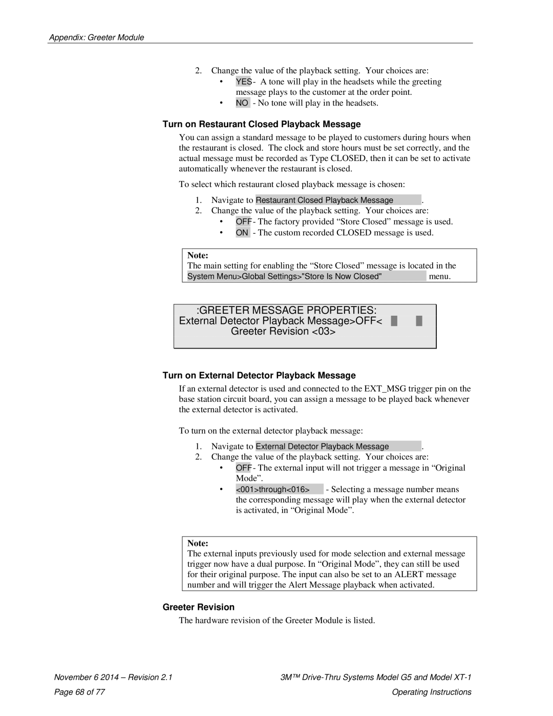 3M XT-1, G5 Turn on Restaurant Closed Playback Message, Turn on External Detector Playback Message, Greeter Revision 
