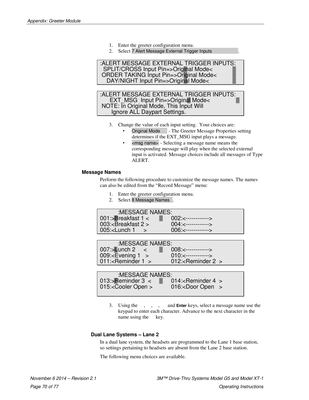 3M XT-1, G5 operating instructions Message Names, Dual Lane Systems Lane 