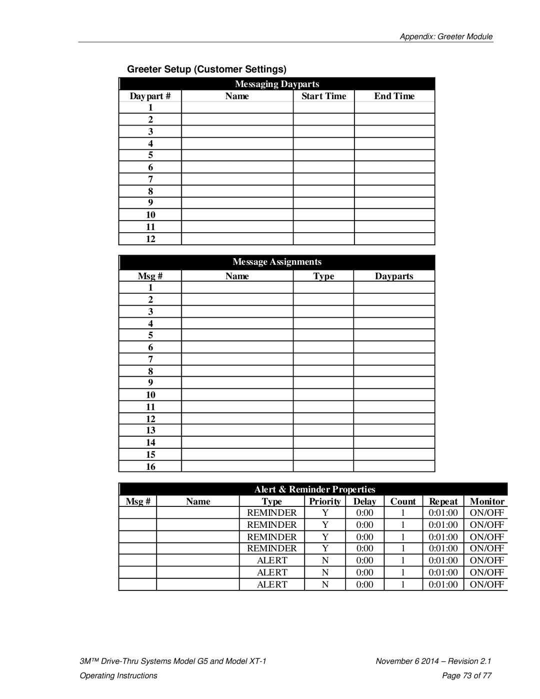 3M G5, XT-1 operating instructions Greeter Setup Customer Settings, Alert & Reminder Properties 