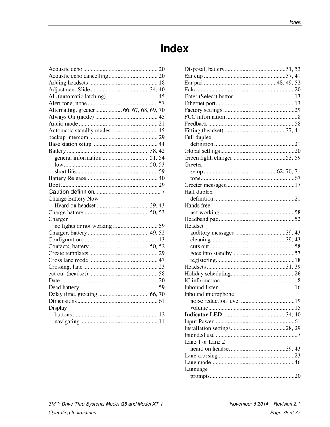 3M G5, XT-1 operating instructions Index, 66, 67, 68, 69 