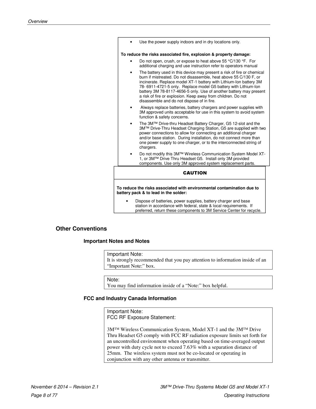 3M XT-1, G5 operating instructions Other Conventions, Important Notes and Notes, FCC and Industry Canada Information 