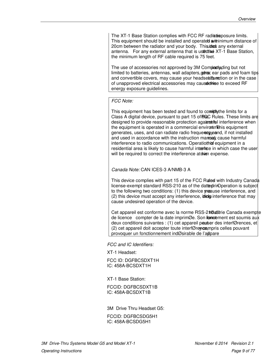 3M G5, XT-1 operating instructions FCC Note, FCC and IC Identifiers 