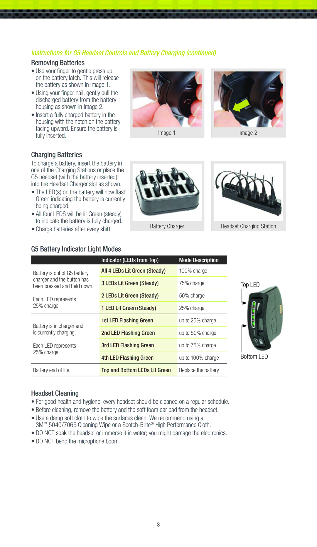 3M XT-1 manual Removing Batteries, Charging Batteries, G5 Battery Indicator Light Modes, Headset Cleaning, Top LED 