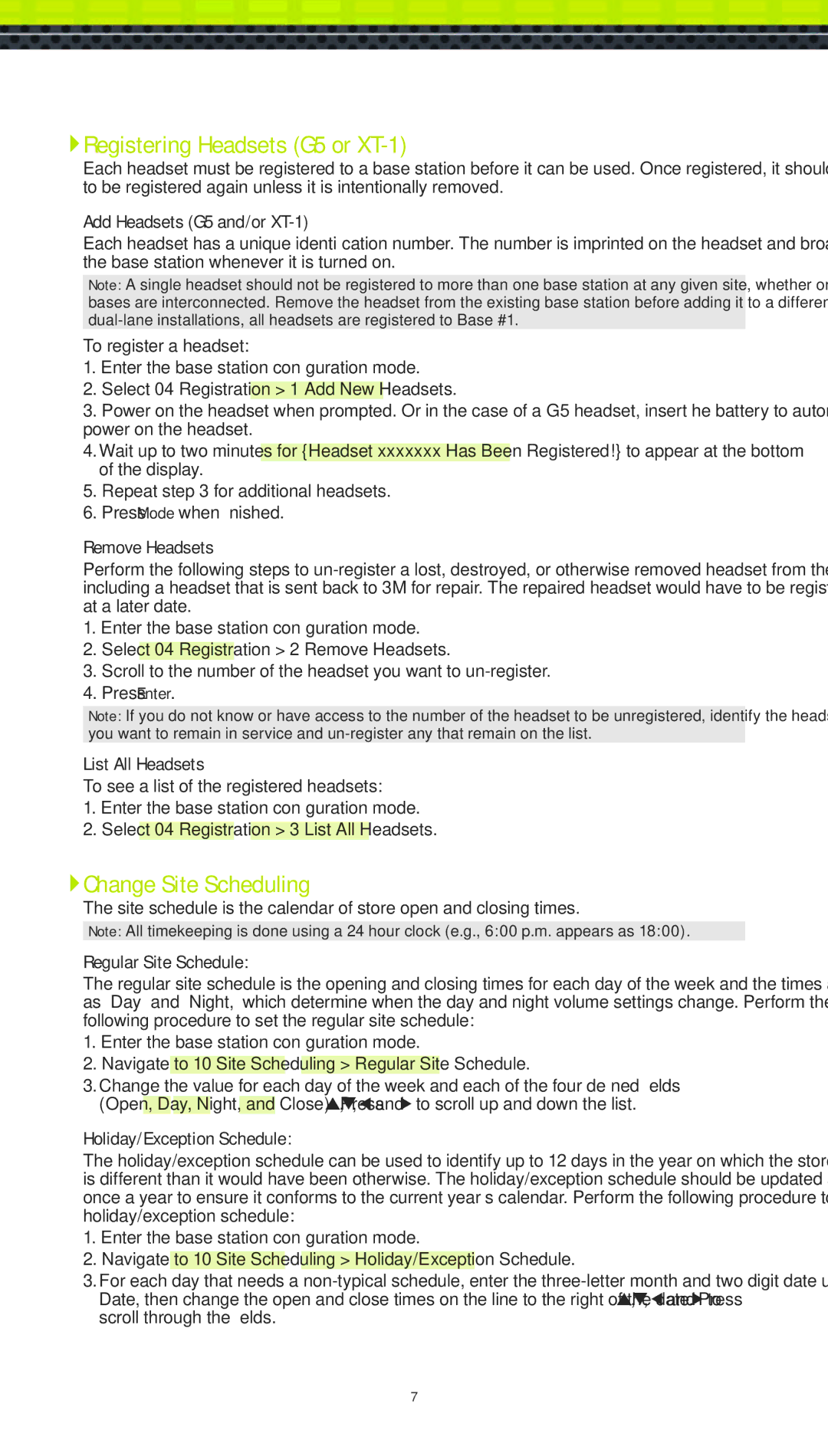 3M manual Registering Headsets G5 or XT-1, Change Site Scheduling 