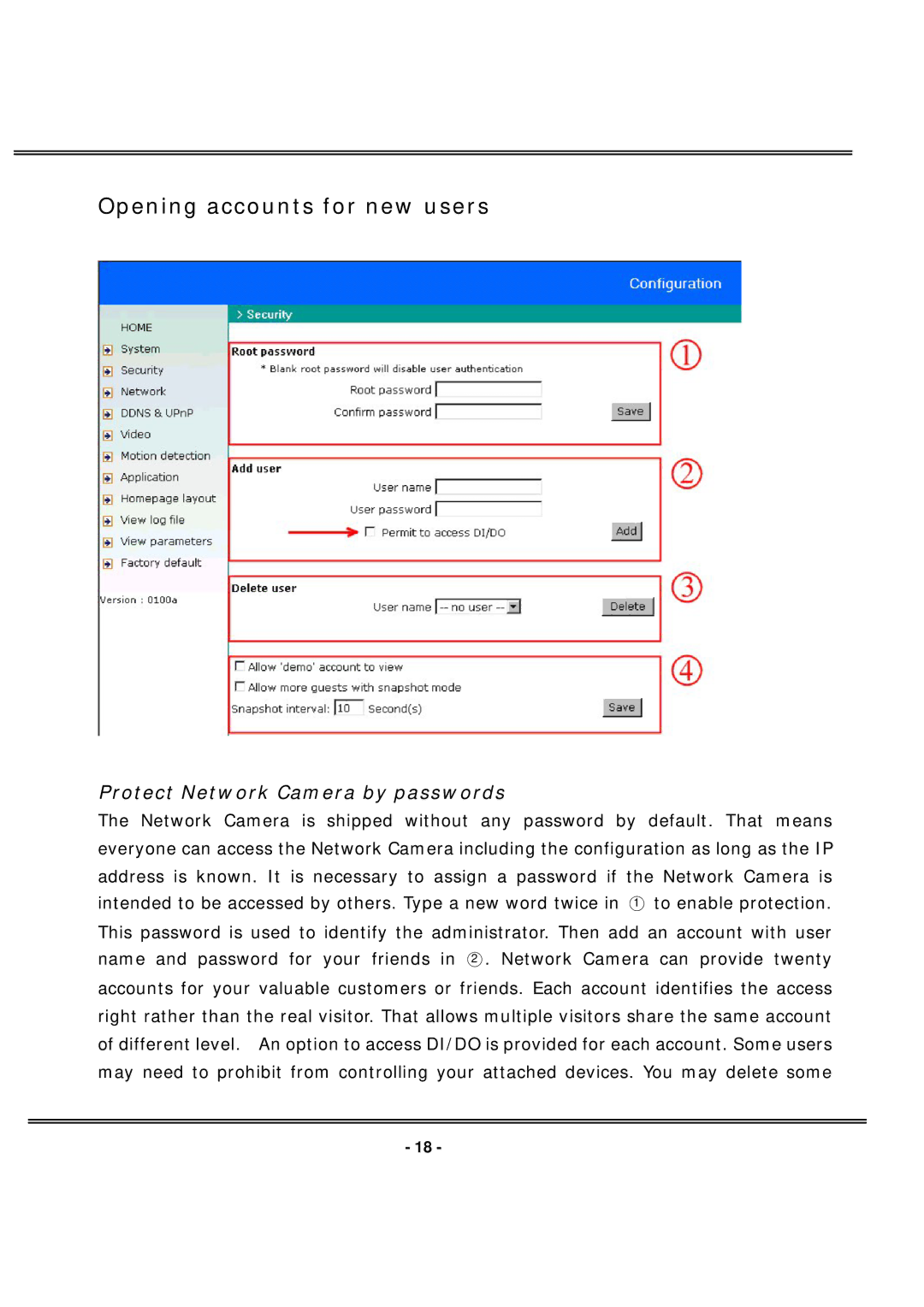 4XEM IPCAMW40 manual Opening accounts for new users, Protect Network Camera by passwords 