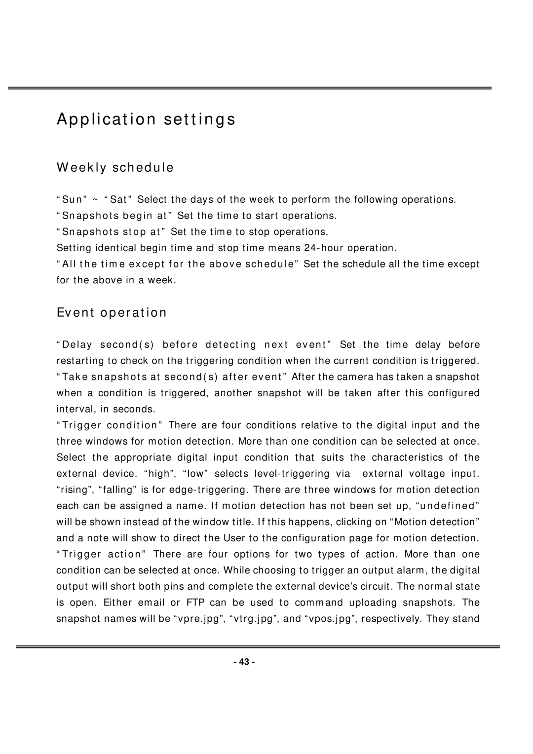 4XEM IPCAMW40 manual Application settings, Weekly schedule, Event operation 