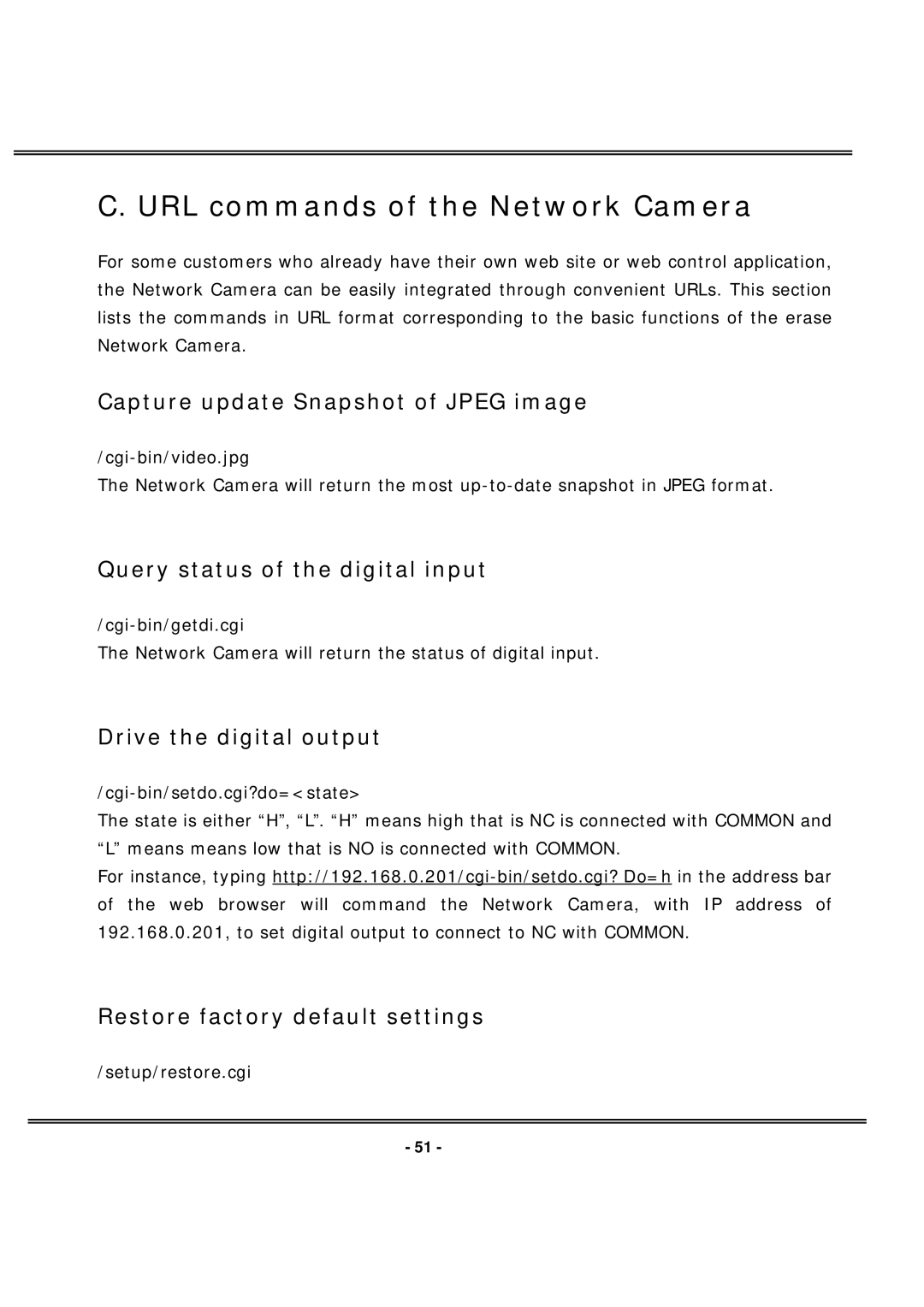 4XEM IPCAMW40 URL commands of the Network Camera, Capture update Snapshot of Jpeg image, Query status of the digital input 