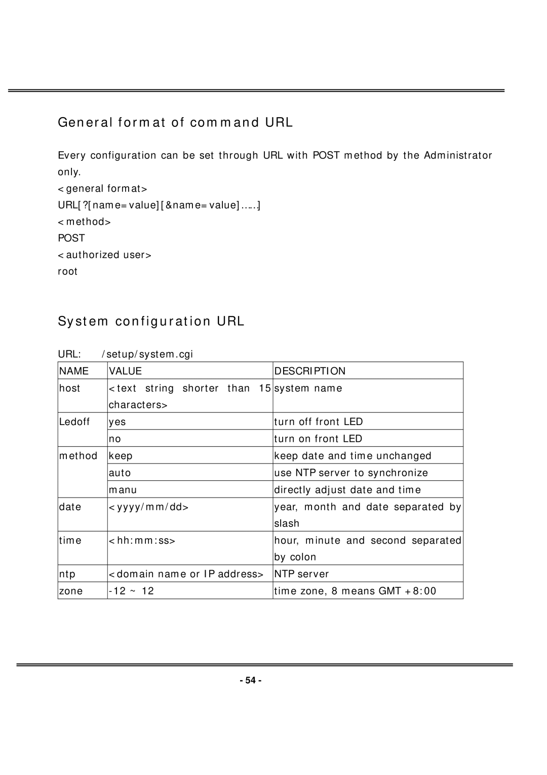 4XEM IPCAMW40 manual General format of command URL, System configuration URL 