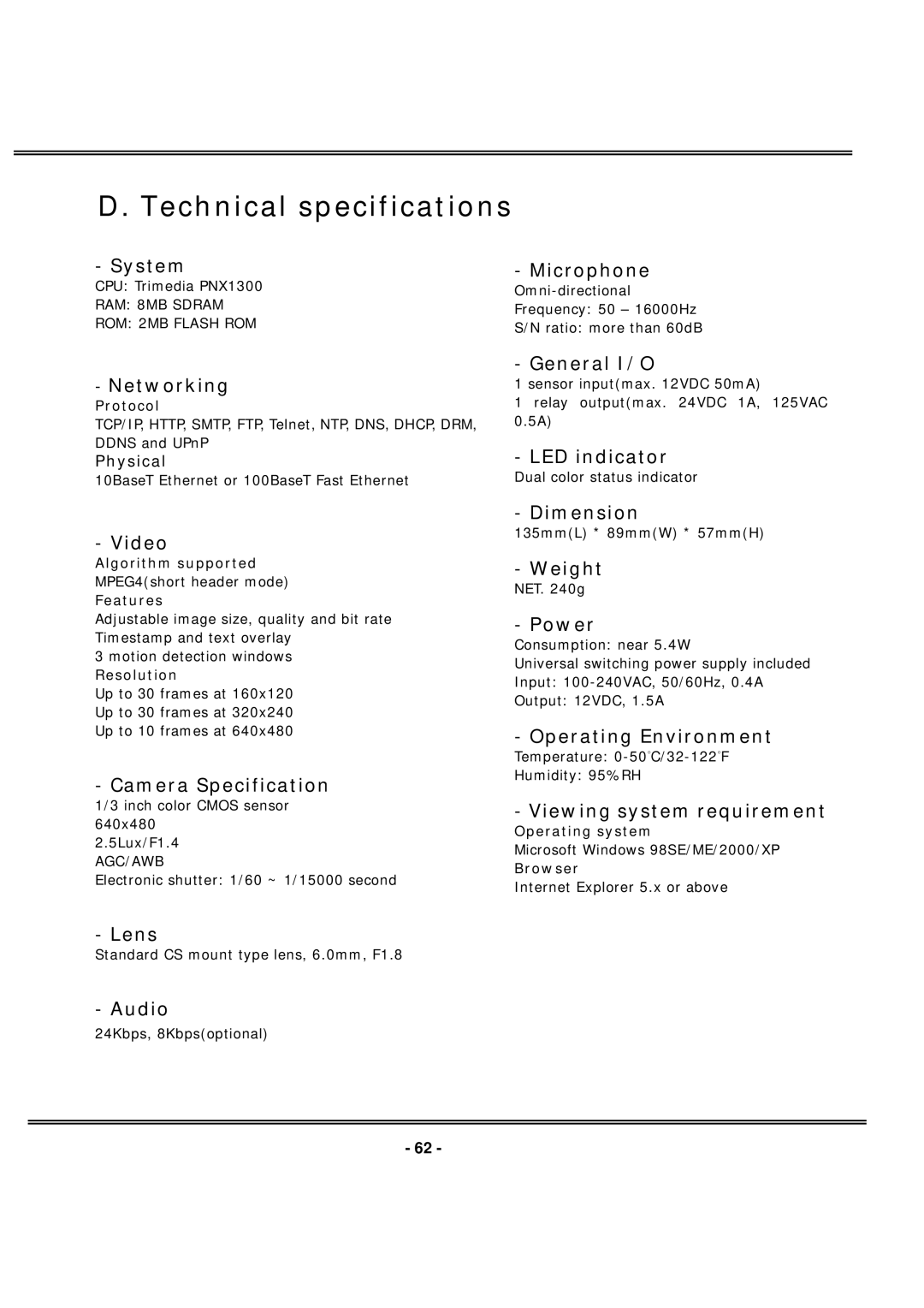 4XEM IPCAMW40 manual Technical specifications, Networking 