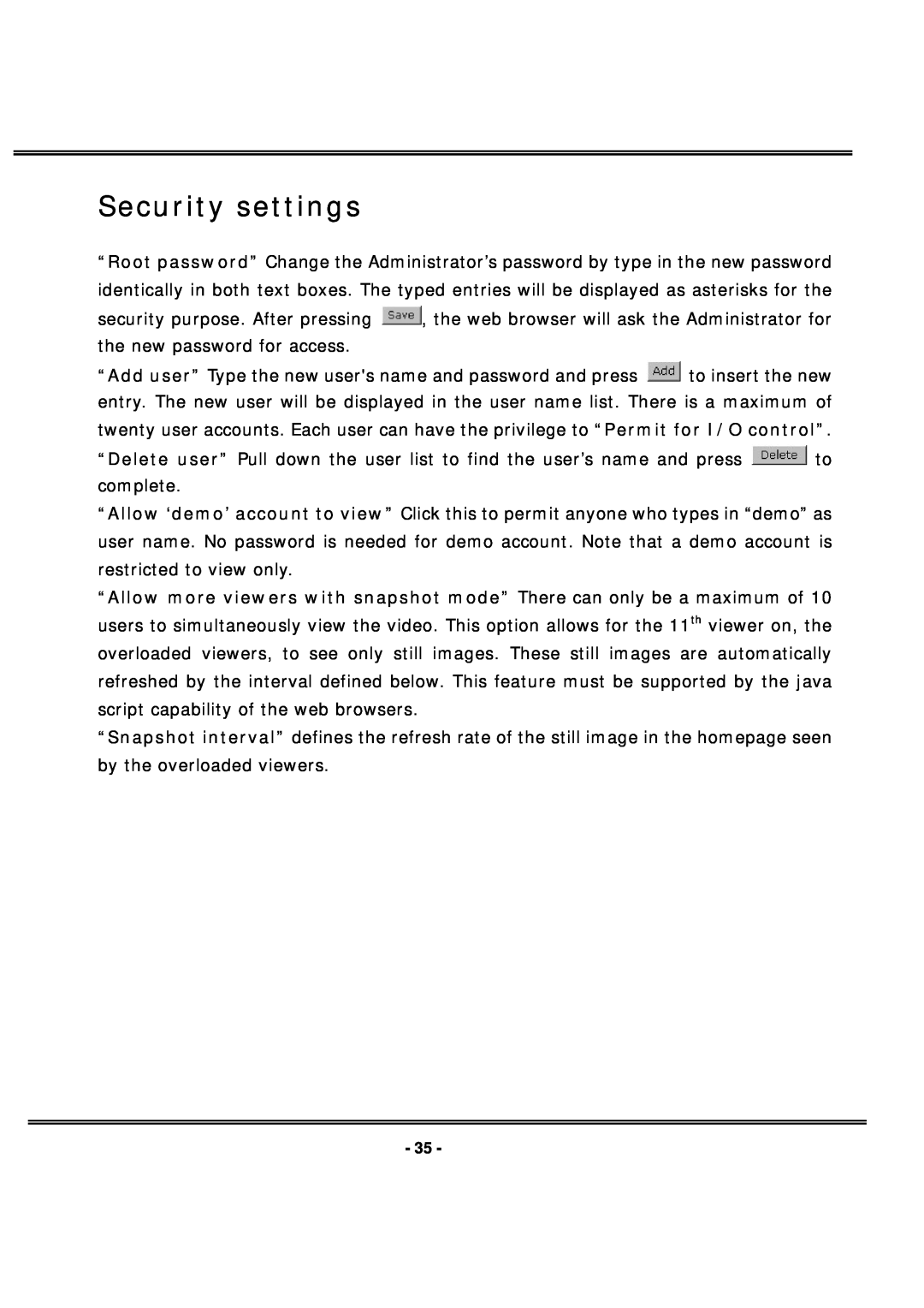 4XEM IPCAMW40 manual Security settings 