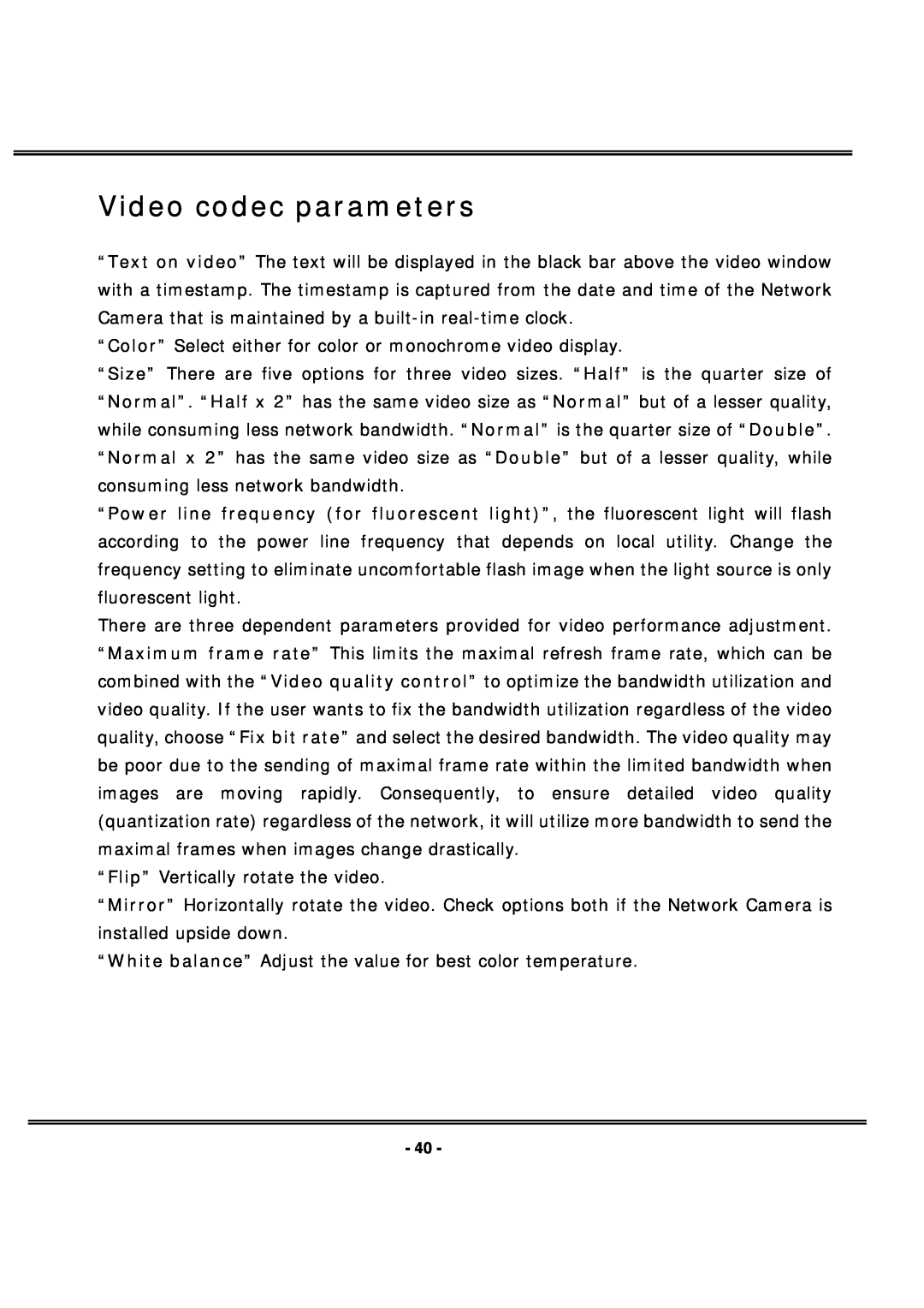 4XEM IPCAMW40 manual Video codec parameters 
