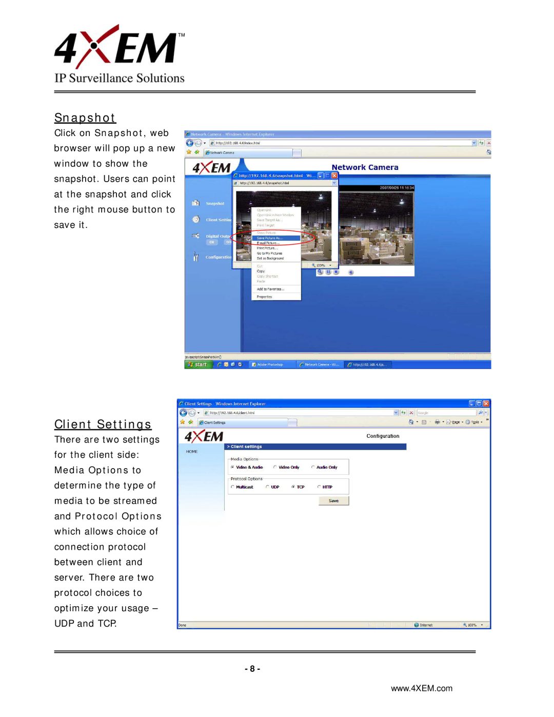 4XEM IPCAMW45 manual Snapshot, Client Settings 