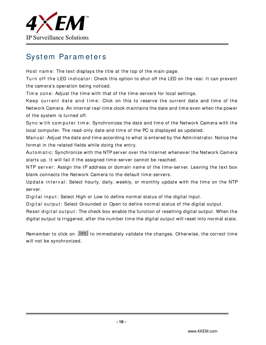 4XEM IPCAMW45 manual System Parameters 