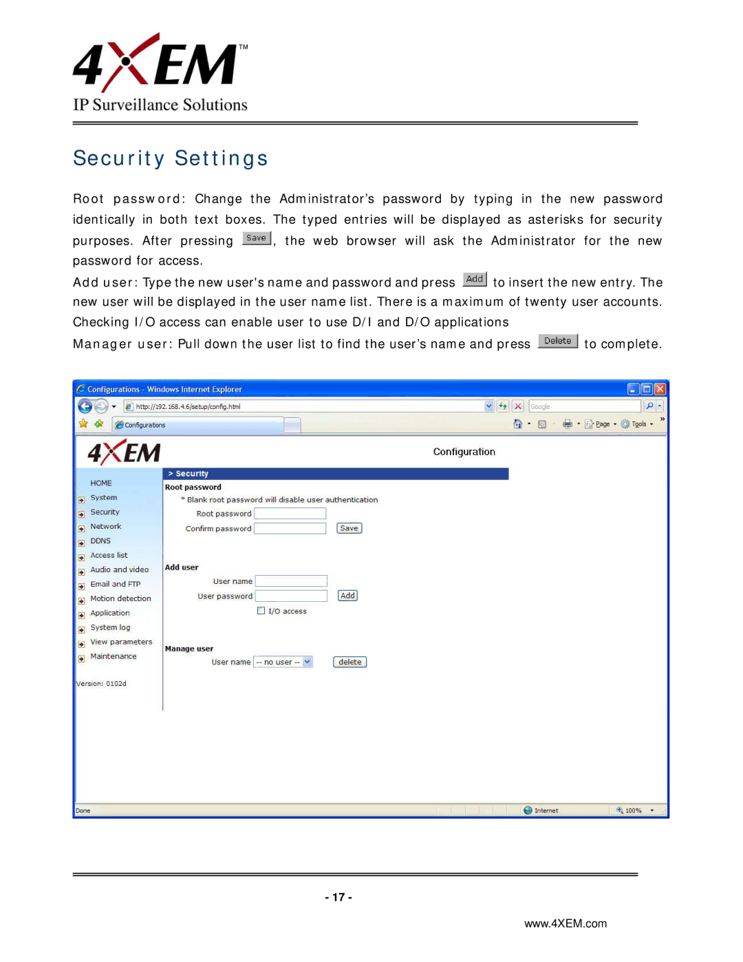 4XEM IPCAMW45 manual Security Settings 