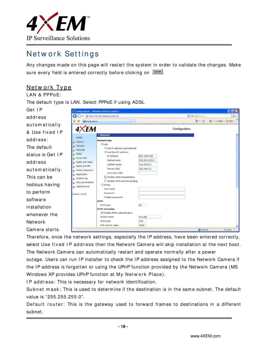 4XEM IPCAMW45 manual Network Settings, Network Type, LAN & PPPoE, Get IP address automatically Use fixed IP address 