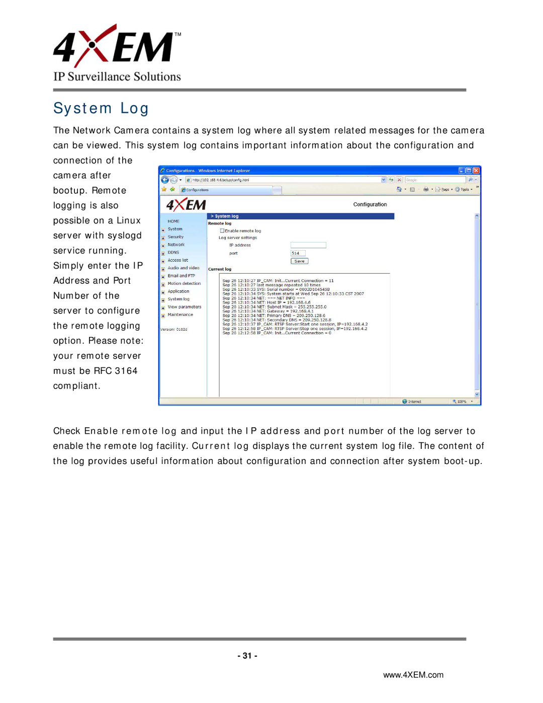 4XEM IPCAMW45 manual System Log 