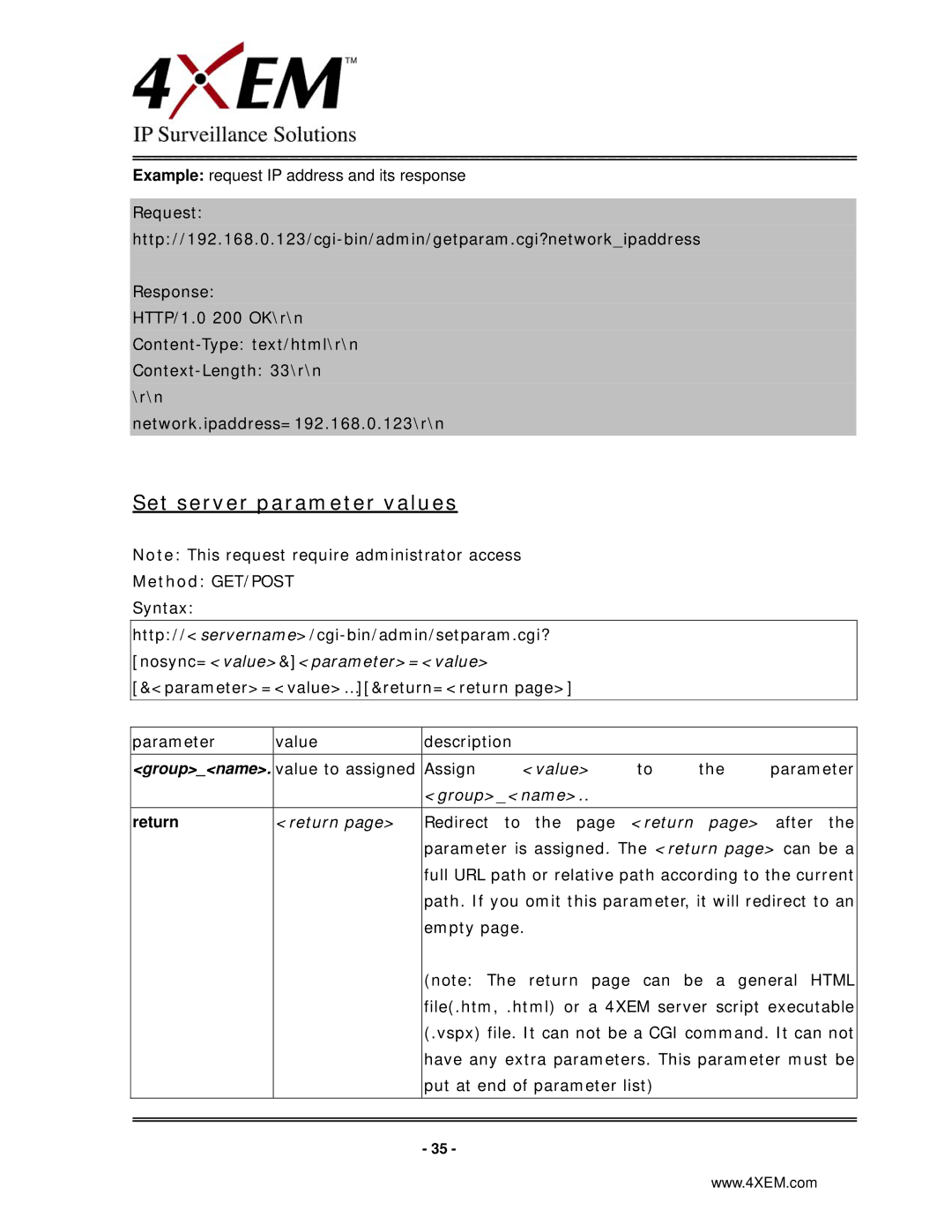 4XEM IPCAMW45 manual Set server parameter values, Return 