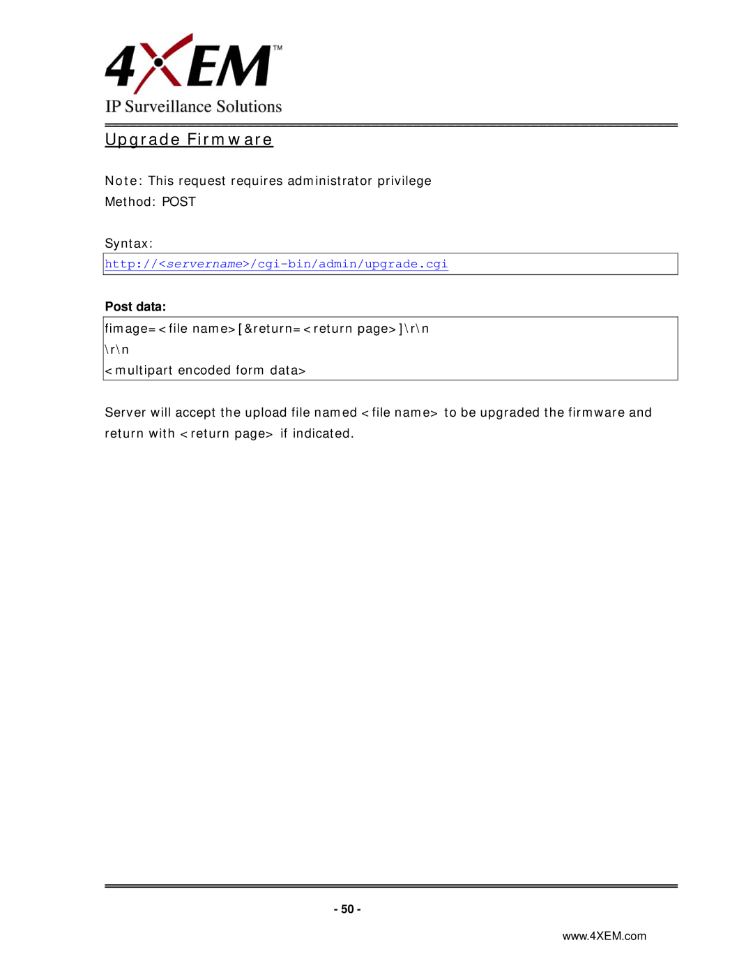 4XEM IPCAMW45 manual Upgrade Firmware, Post data 