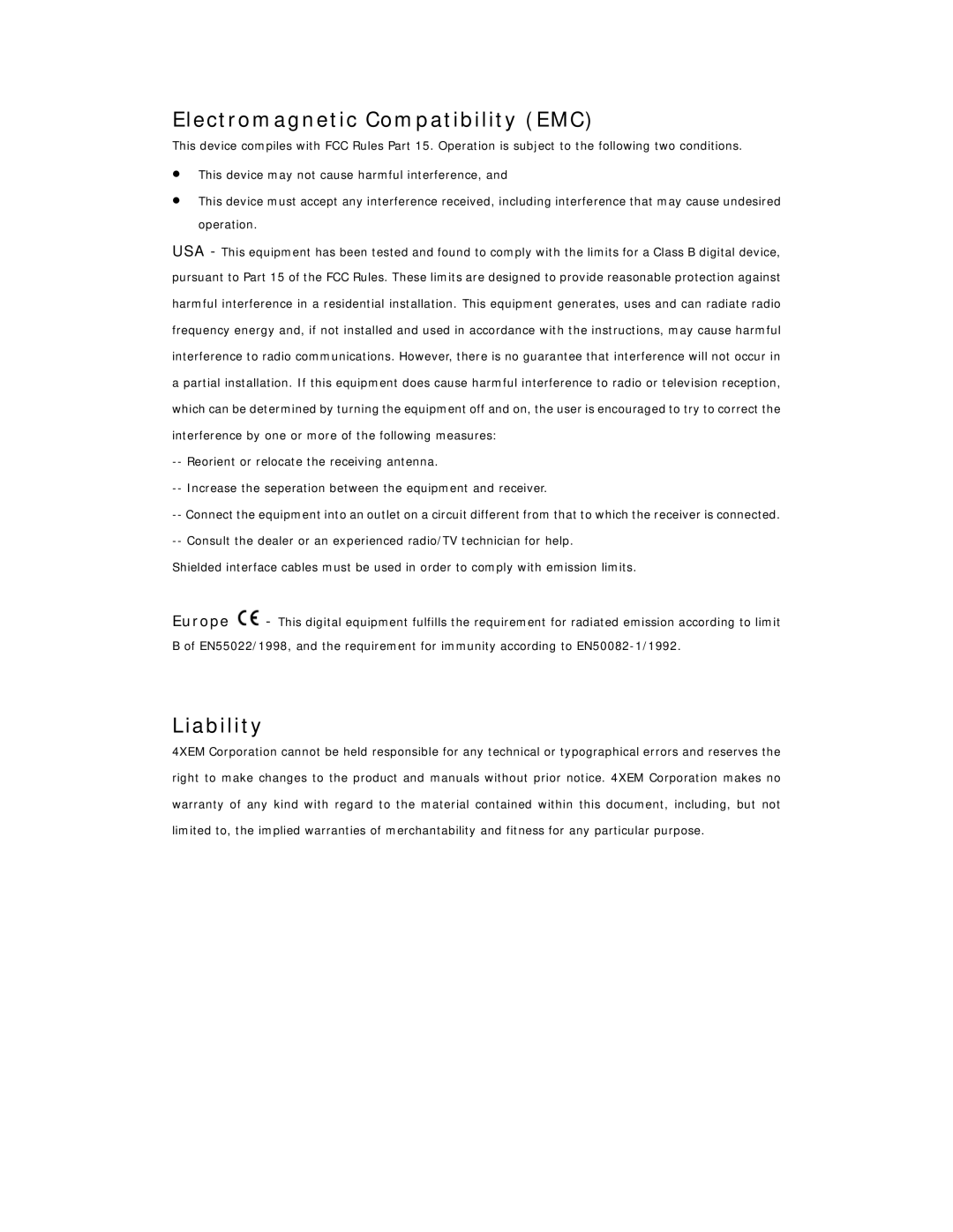 4XEM IPCAMW45 manual Electromagnetic Compatibility EMC, Liability 