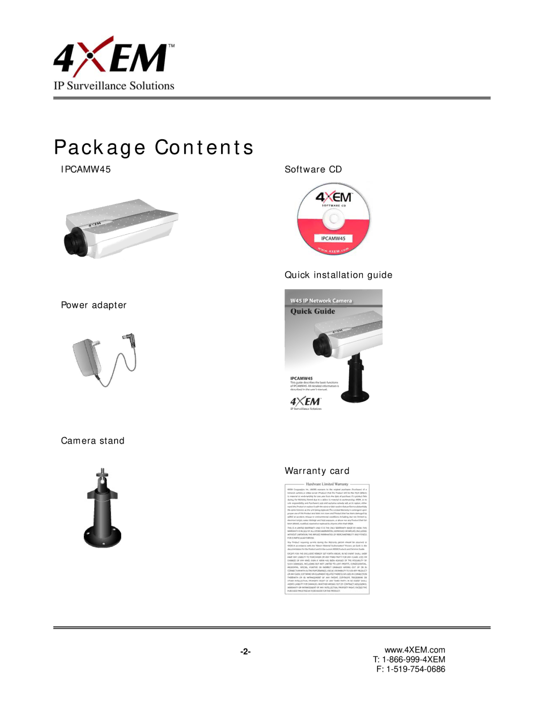 4XEM IPCAMW45 manual Package Contents 