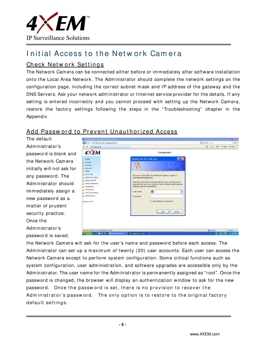 4XEM IPCAMW45 Initial Access to the Network Camera, Check Network Settings, Add Password to Prevent Unauthorized Access 