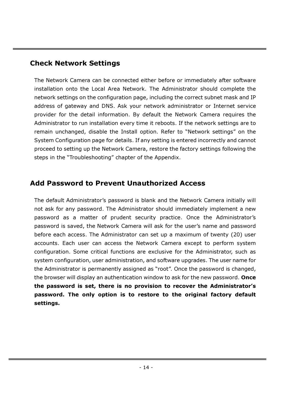 4XEM IPCAMWFD manual Check Network Settings, Add Password to Prevent Unauthorized Access 