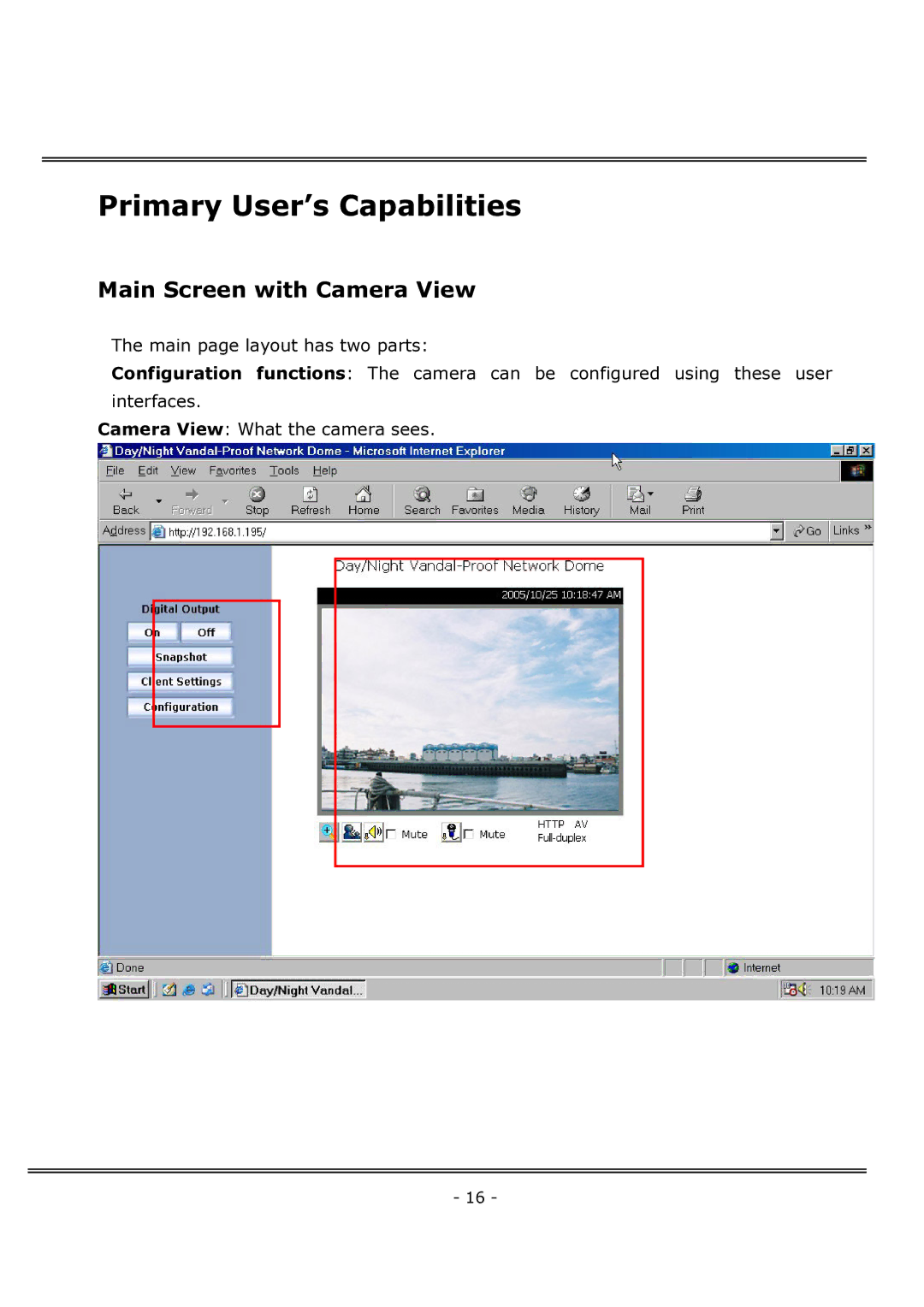 4XEM IPCAMWFD manual Primary User’s Capabilities, Main Screen with Camera View 